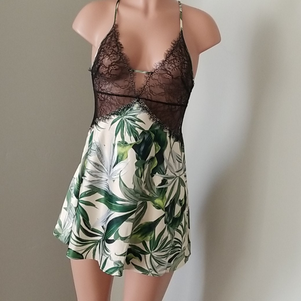 Victoria's Secret Black Lace & Green Palm Satin Chemise